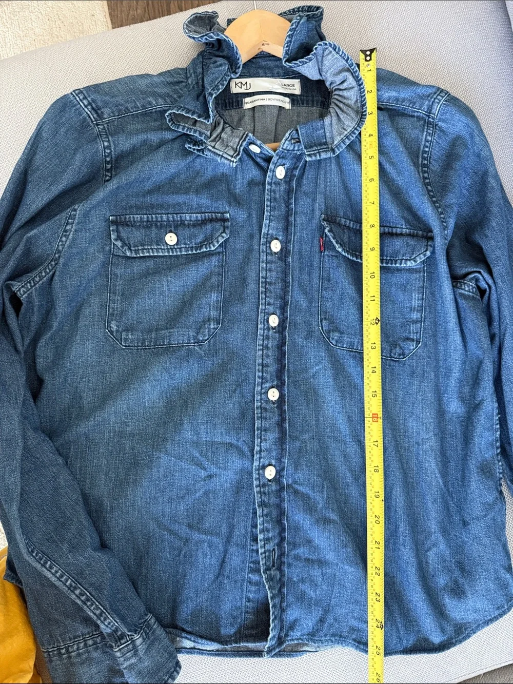 KML Ruffled Collar Denim Button-Up Shirt - Blue Size L - Picture 7 of 10